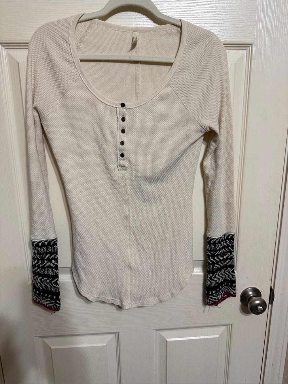 Women's Cream Henley Thermal Top with Patterned Cuffs